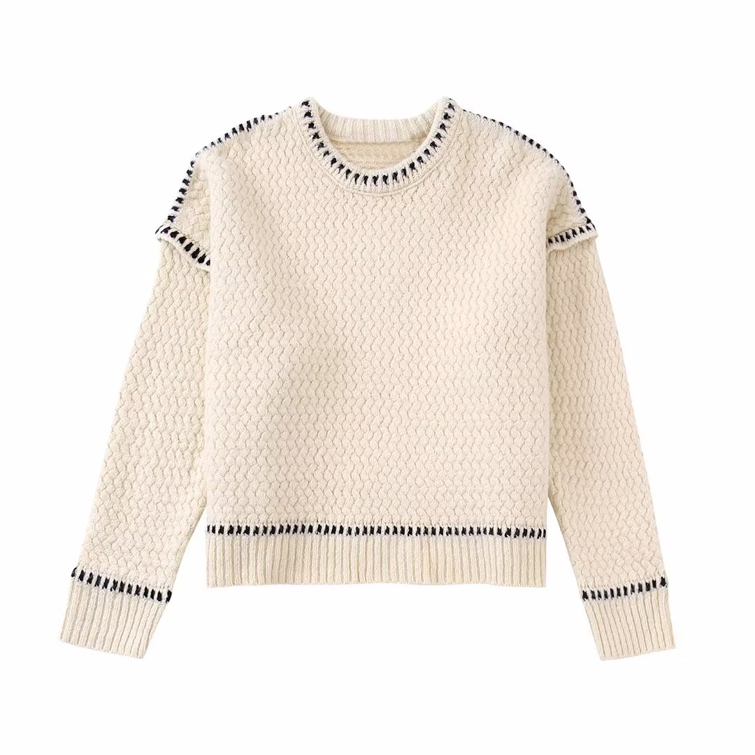 TRAF Contrast Women Sweater Beige Cropped Sweater Woman Winter 2022 Long Sleeve Knitted Sweaters for Women Loose Pullover Women alx