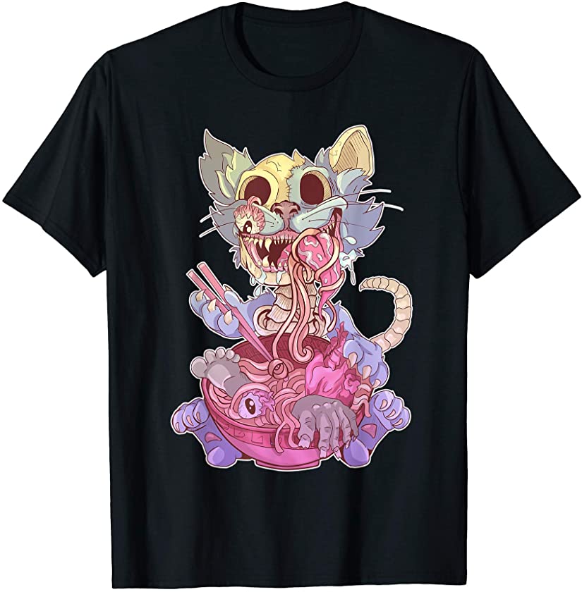 Pastel Goth Aesthetic Kawaii Creepy Cat Eating Ramen Noodles T-Shirt