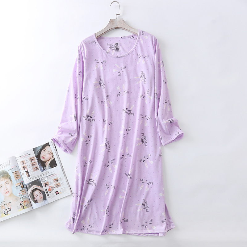 Spring Summer Women’s Cotton Plus Size Sleepwear Long Sleeves Nightgown Print Tee Sleep Dress alx