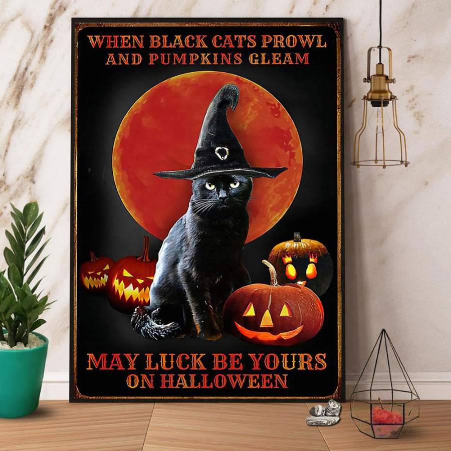 Witch black cat Halloween when black cats prowl paper poster no frame/ wrapped canvas wall decor full size