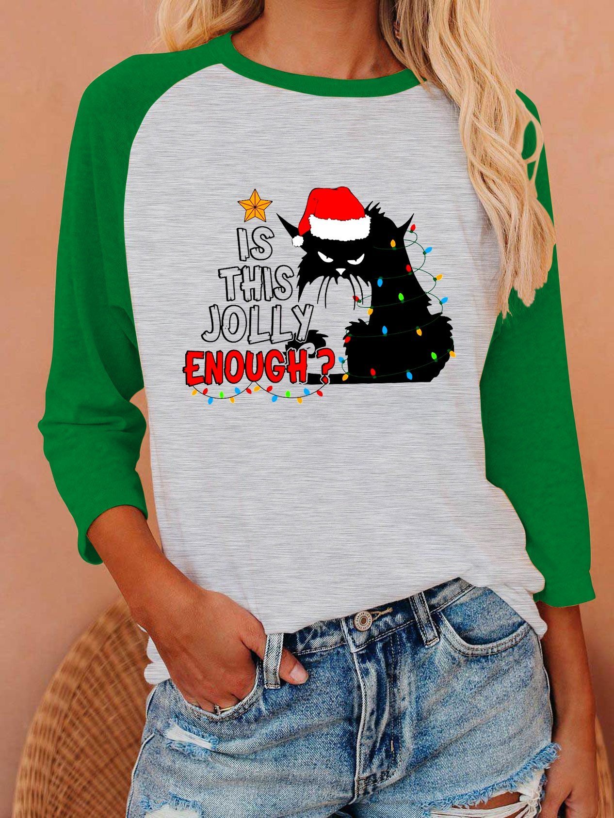 Women Is This Jolly Enough Cat Christmas Long Sleeve Shirt