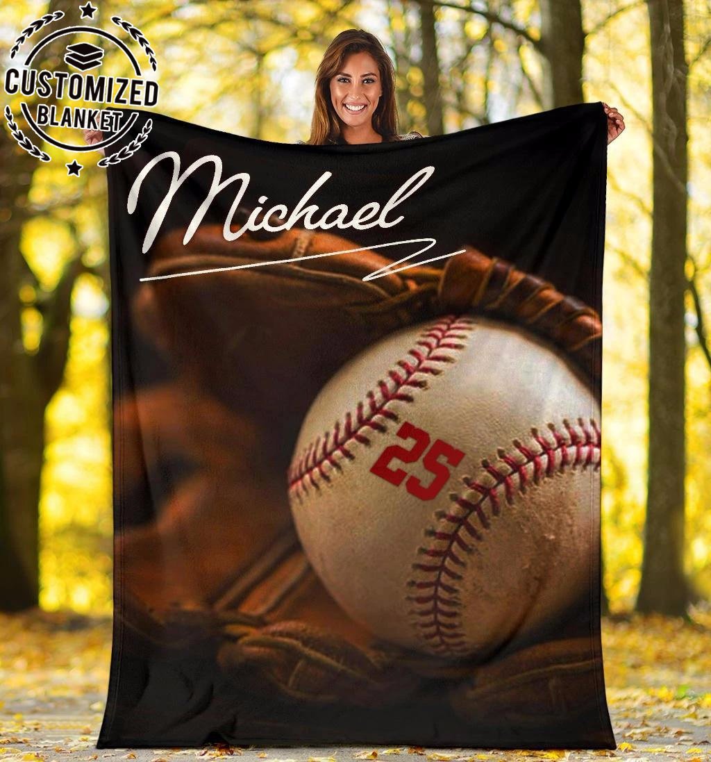 Baseball – Vintage Red Number – Personalized Name Fleece Blanket Custom Text Print 3D, Unisex, Kid, Adult