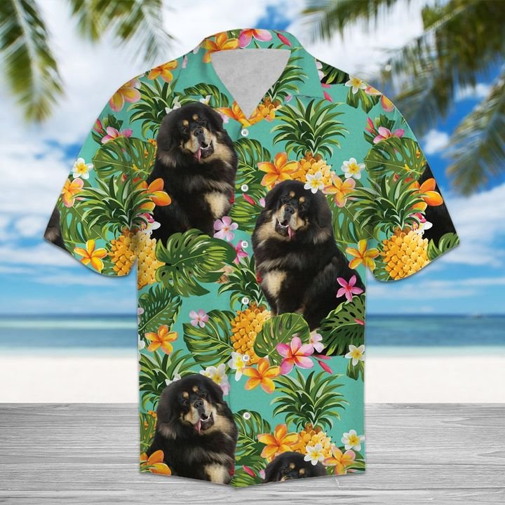 Tropical Pineapple Tibetan Mastiff Hawaiian Shirt Summer Button Up For Men, Women, Couple