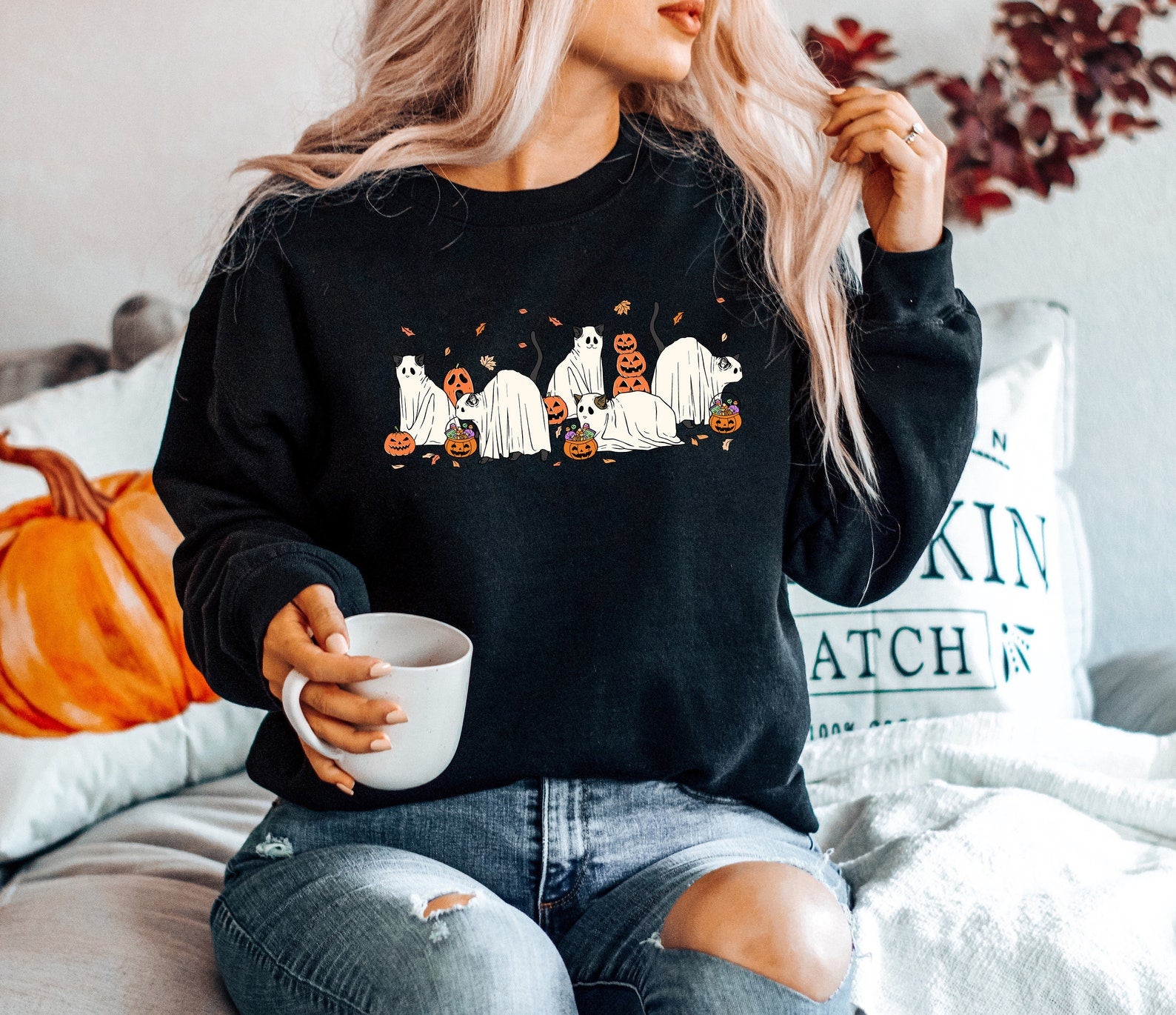 Halloween Ghost Cat Sweatshirt, Cat Halloween Sweatshirt, Cute Cats Halloween Sweatshirt, Ghost Black Cat Sweatshirt, Spooky Season Ghost Cats Sweatshirt