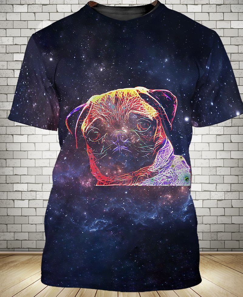 Pug Dog On Starry Space Background Gift For Animal Lovers 3D Tshirt