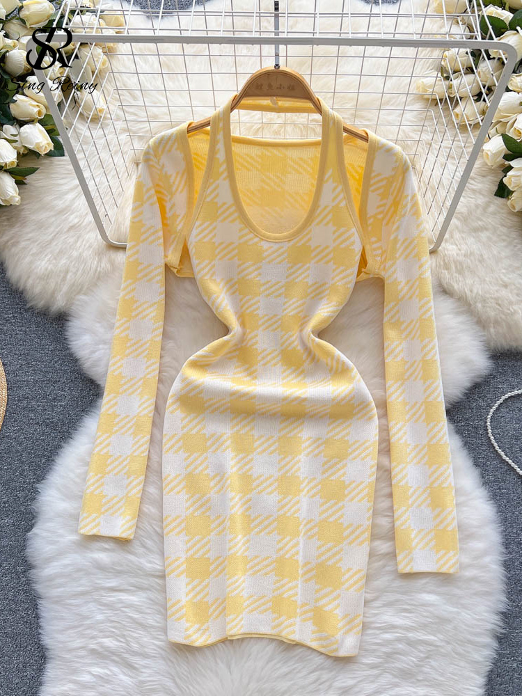 SINGREINY Ladies Plaid Knitted Sets Halter Bodycon Short Dress+ Knit Cardigan Mini Coat Women Fashion Sexy Two Pieces Suits alx