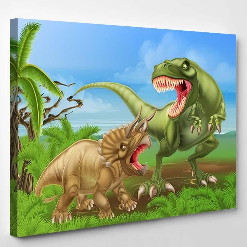 Tyrannosaurus Rex T Triceratops Dinosaur Fight – Dinosaur Animals Canvas Print