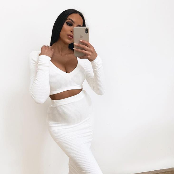 BKLD Fashion Ribbed Knitted Clothes For Women 2019 New Autumn Womens Sexy V-neck Short 2 Two Piece Crop Tops And Long Skirt Sets alx