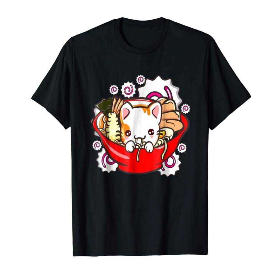 Cute Kawaii Cat Ramen Bowl T Shirt Japanese Anime Kitten Tee Men T-Shirt