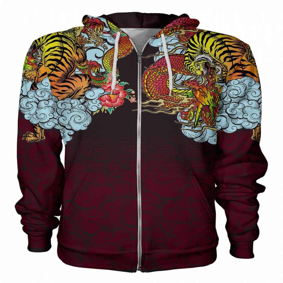 Dragon Tiger Red Zip Hoodie