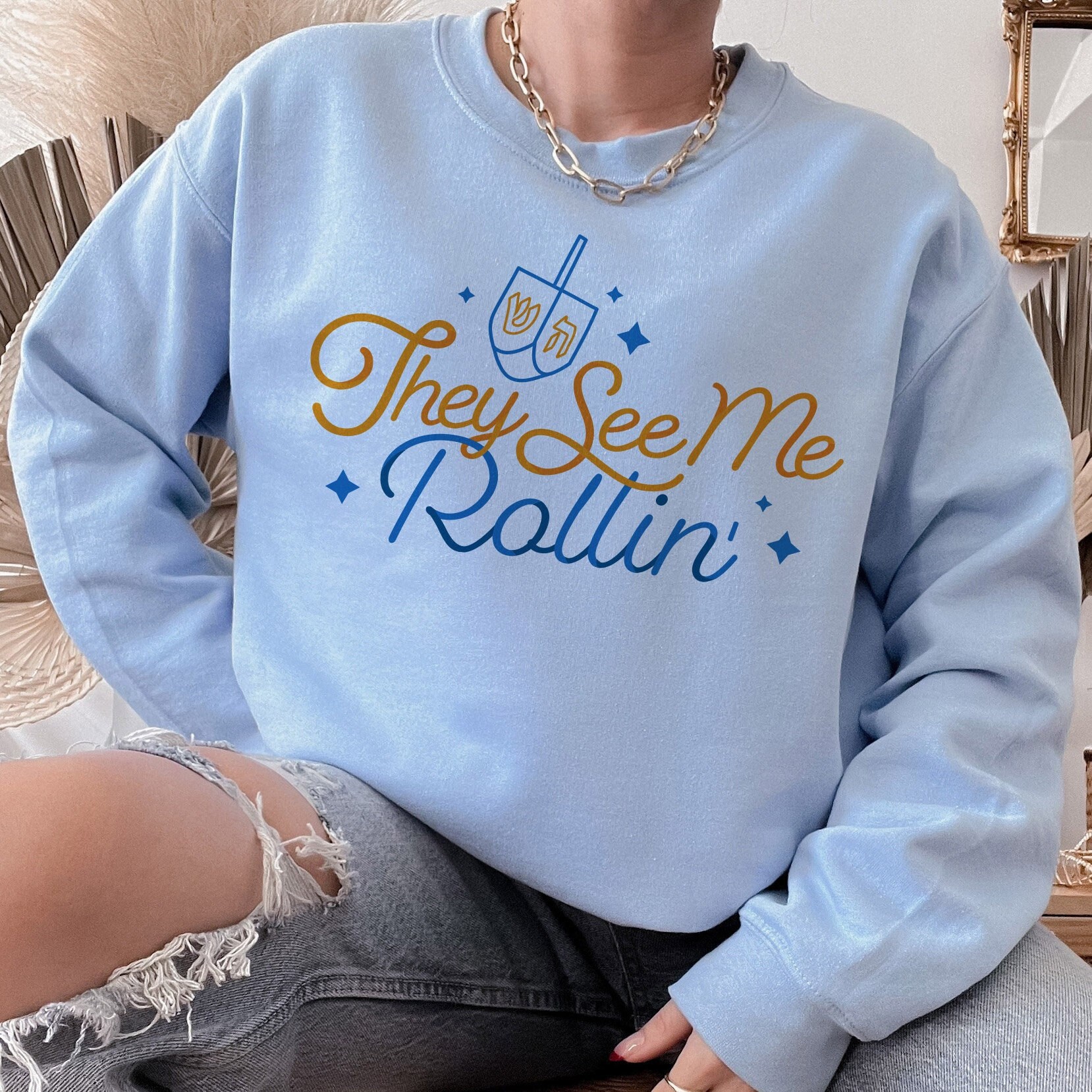 Dreidel Rollin’ Crewneck Sweatshirt, Festive Cat Mazel Tov Holiday Hanukkah Crewneck Sweatshirt, Ugly Holiday Sweater