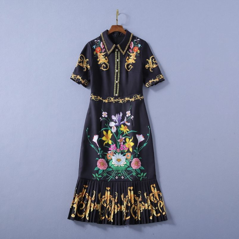 Summer Women Floral Print Black Beading Shirt Dress Elegant Female Sexy Bodycon Mermaid Midi Party Dresses Vestidos alx