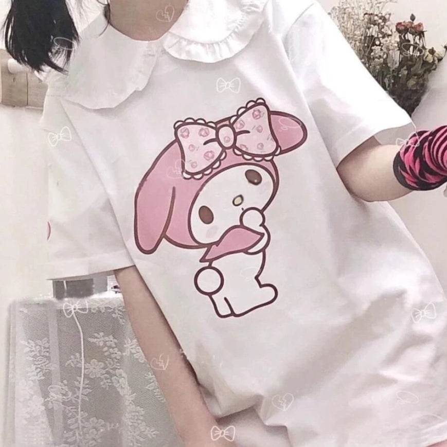 Kawaii Tshirt Bunny Bows White Collar