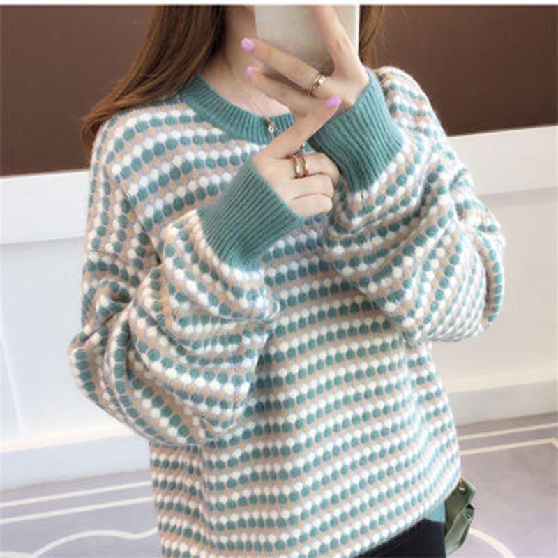 Women’s Sweater Thickening Warm Round Neck Sweater Loose Korean Striped Knitwear Autumn and Winter Women’s Sweater Wholesale alx