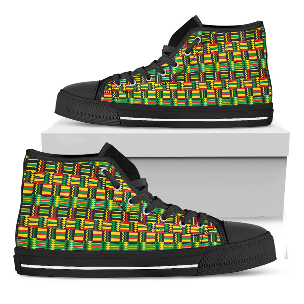 West African Kente Tribal Pattern Print Black High Top Shoes