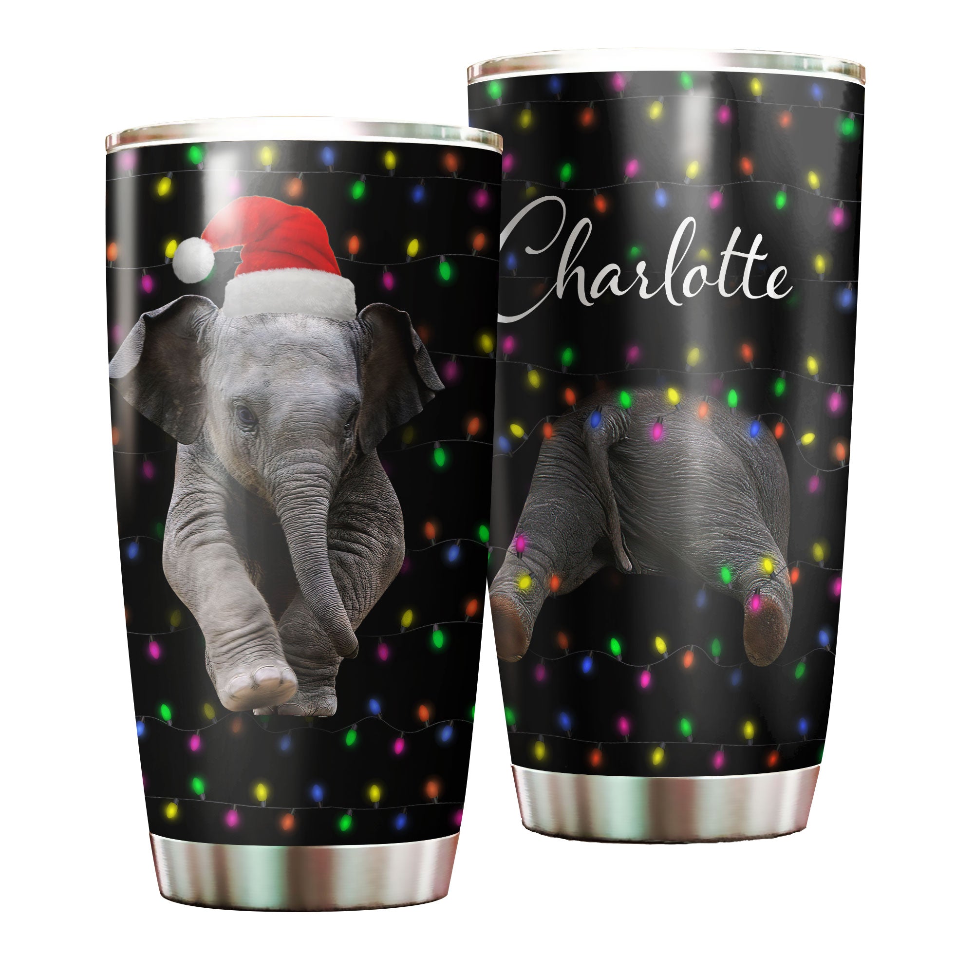 Personalized Baby Elephant Wear Chirstmas Hat Polka Dots Style Stainless Steel Tumbler-Double-Walled Travel Therma Cup With Lid