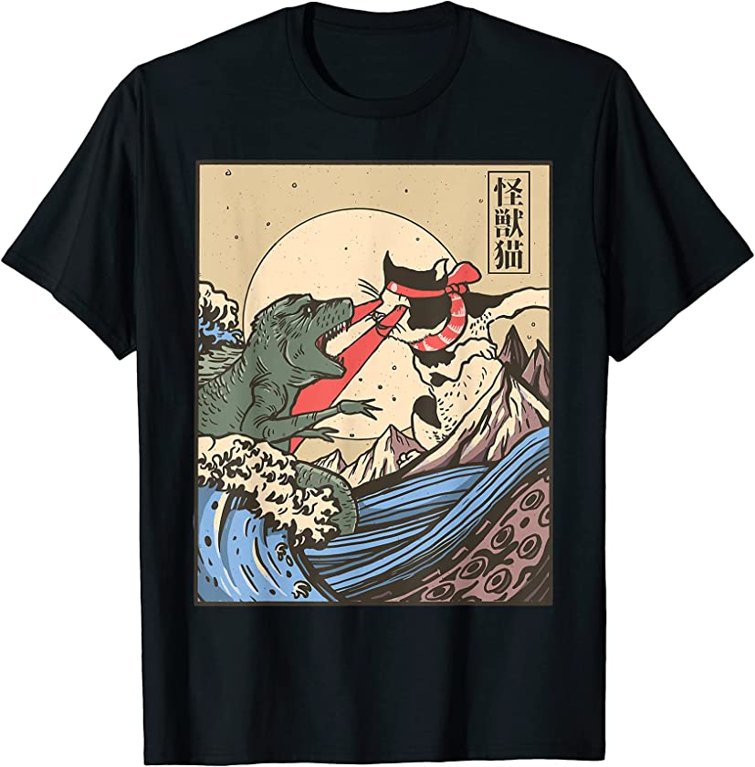 Vintage Retro Japanese Great Wave Cat VS Monster Gift T-Shirt