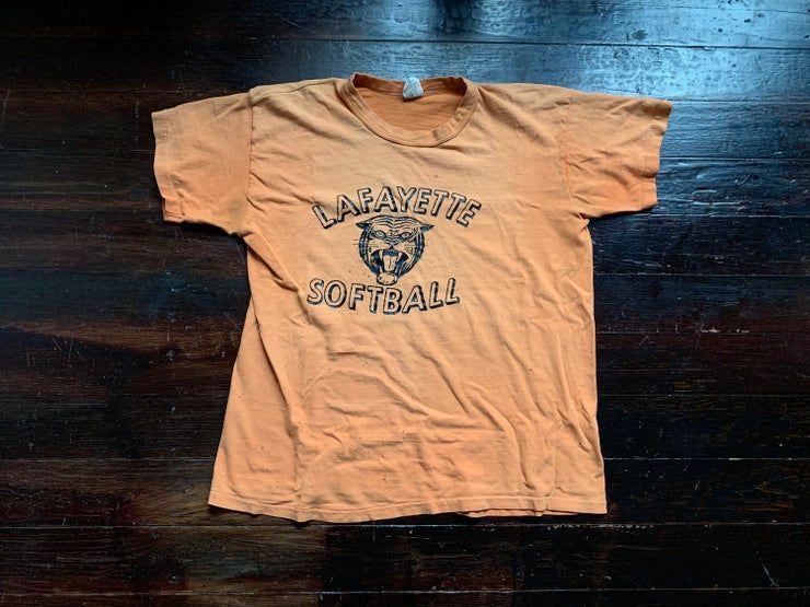 Vintage Orange Lafayette Softball T-shirt, Tigers Panthers Team Sports Destroyed Thrashed T, University Athletics Soft Faded 6145