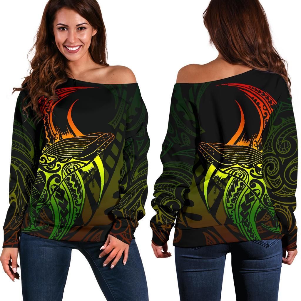 Maori Off Shoulder Sweater Humpback Whale Tattoo Rasta K4