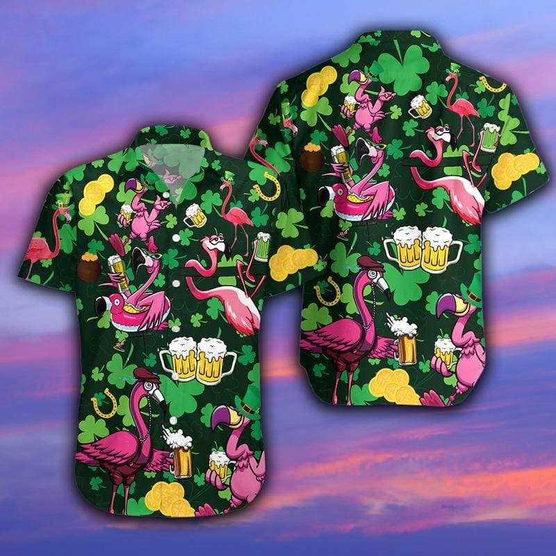 Flamingo Drink Beer On Saint Day Pink Green Hawaii Aloha Shirts Ha21958