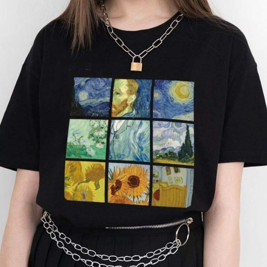 1pcs Pink Yellow Black Art Printed Oil Paiting Women Van Gogh Painting Vintage T-Shirt Tumblr Grunge Aesthetic Printed Tee Short Sleeves White Tops