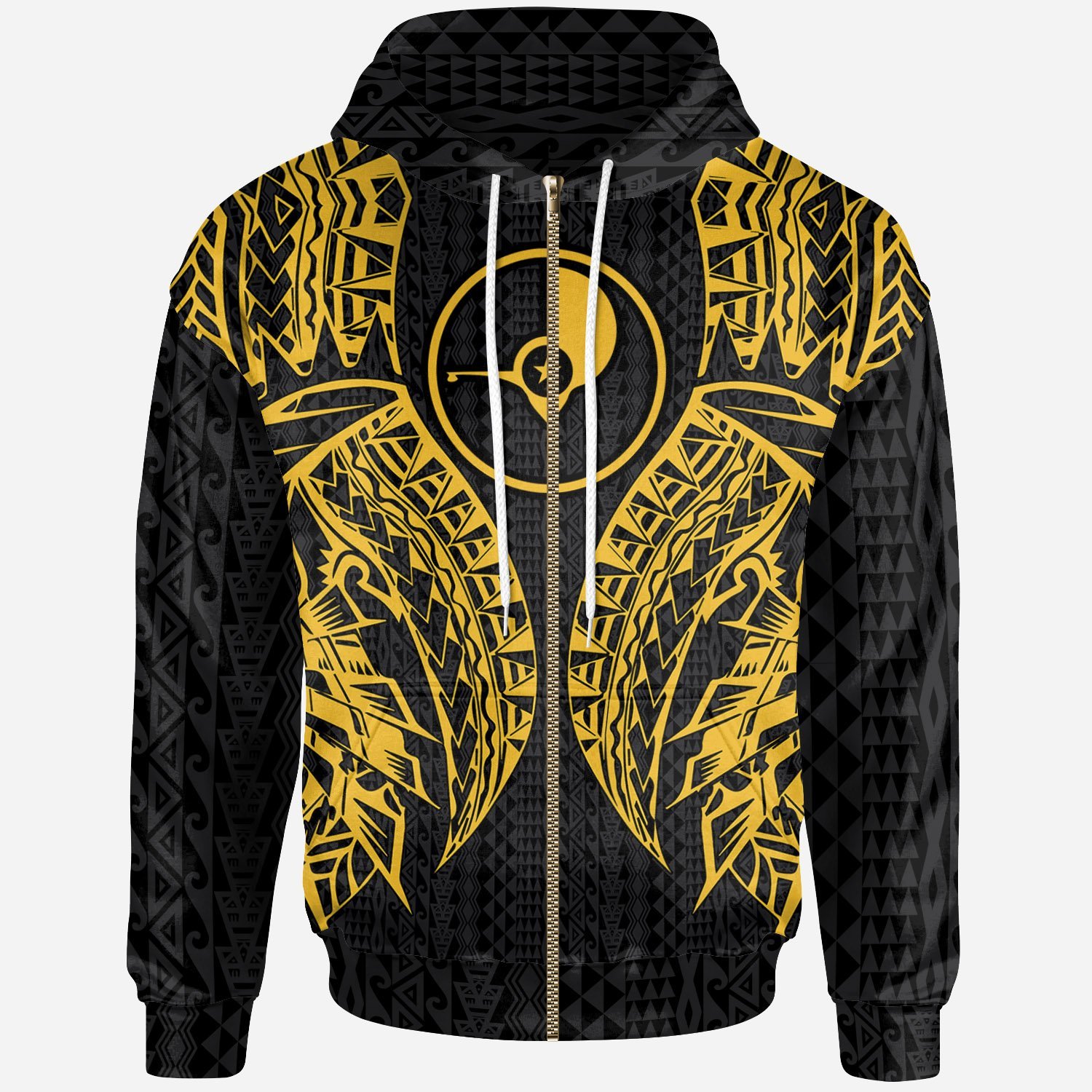 Yap Zip-Up Hoodie – Polynesian Lion Head Gold Style – Pacific Print Hoodie