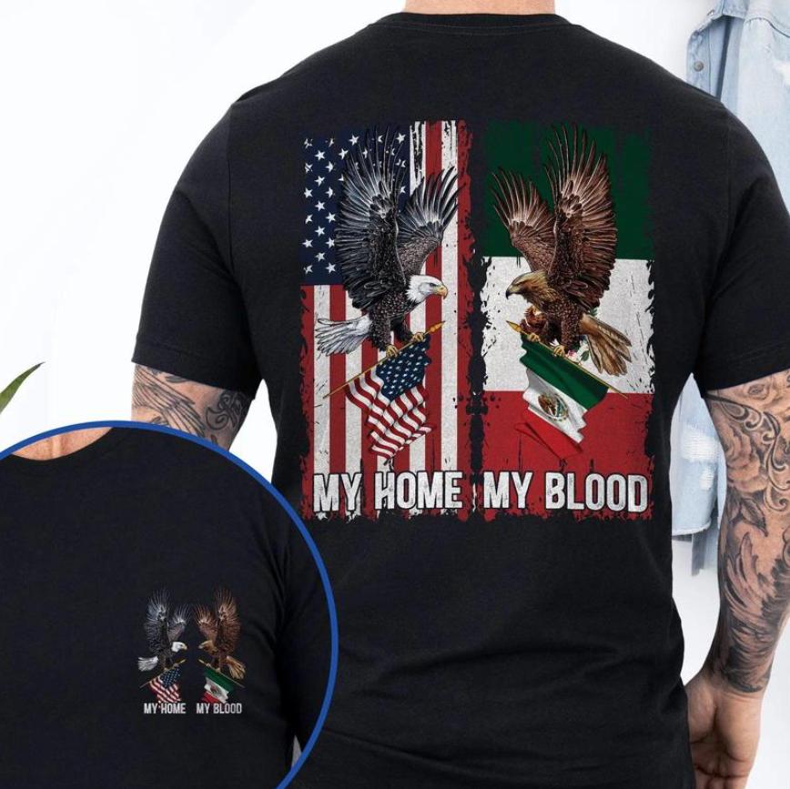 American Mexico, My Home Mexican American Eagle T-Shirt Crewneck Graphic Printed Unisex Cotton T-Shirt For Men For Women Full Size, Full Colors Fabric Menswear