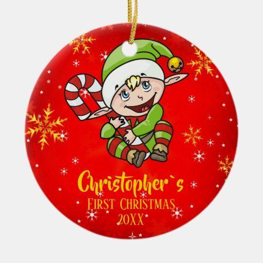 Personalized Ornament Baby`S First Christmas Elf Candy Cane Red Customized Circle Ornament