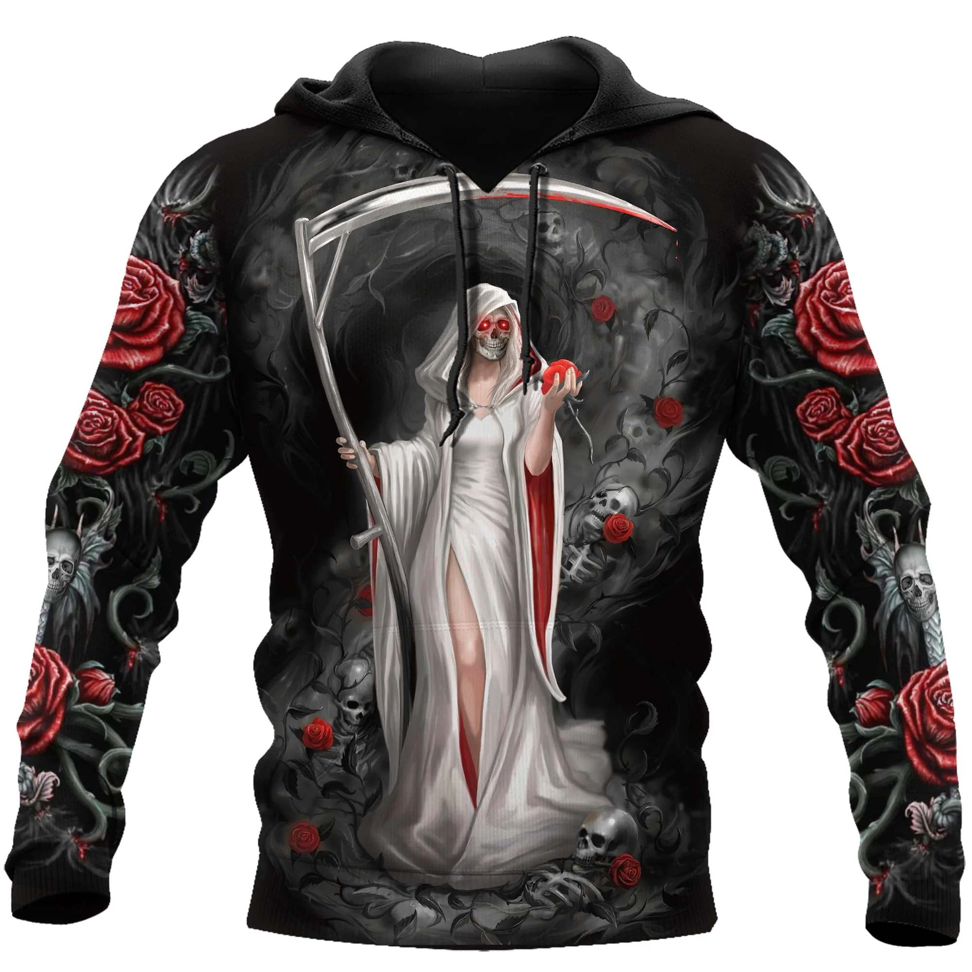 Skull Girl And Rose Unisex Hoodie 3D All Over Printed, Full Skulls On Hoodie, Skull Clothing