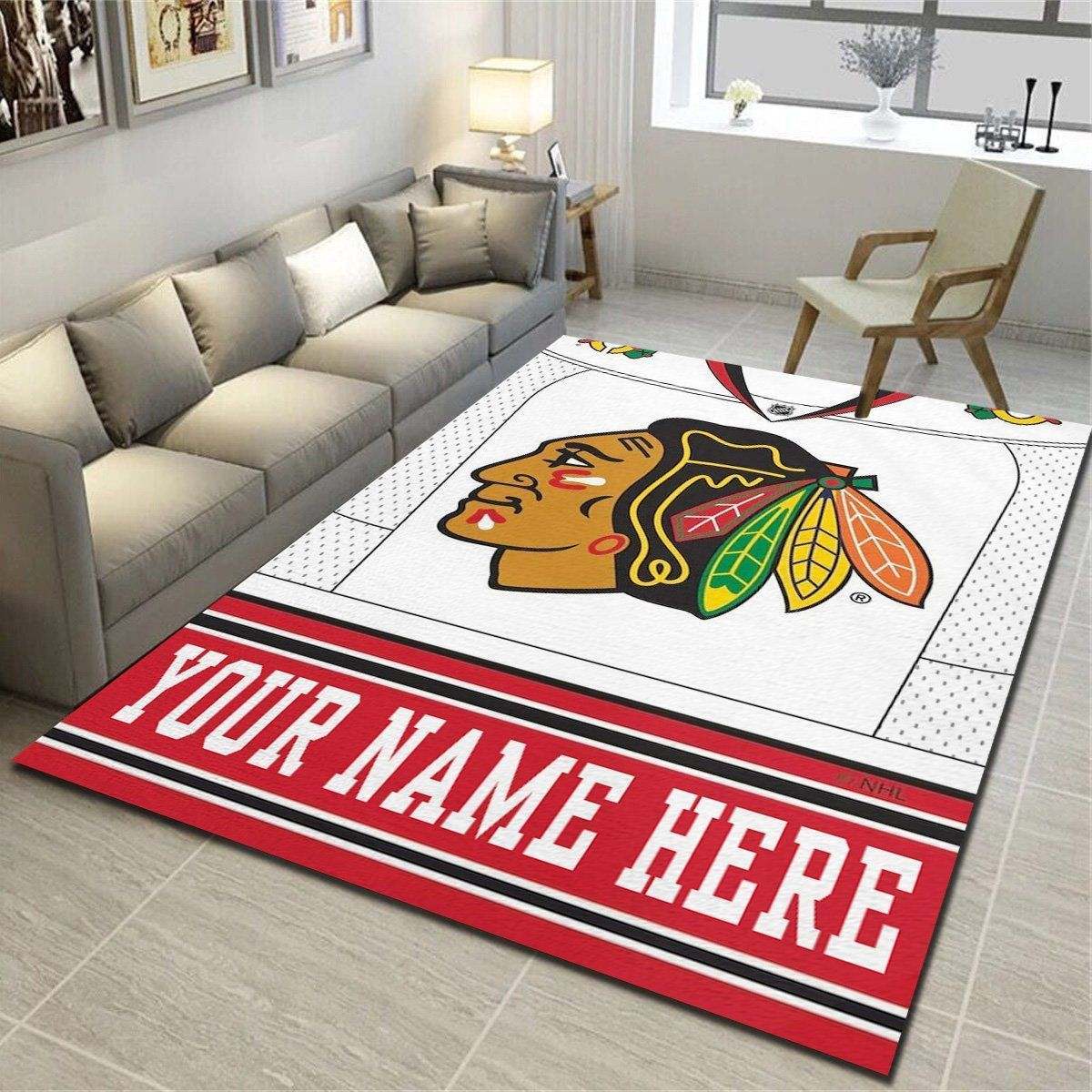 Chicago Blackhawks Personalized Rug, Living Room Bedroom Carpet, Customized Man Cave Floor Mat