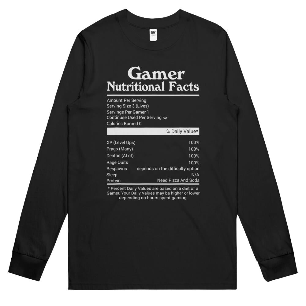 Nutritional Facts Shirt, Gamer Nutrition Facts Shirt, Gamer Nutritional Facts Novelty Video Game Lover Long Sleeve T Shirts