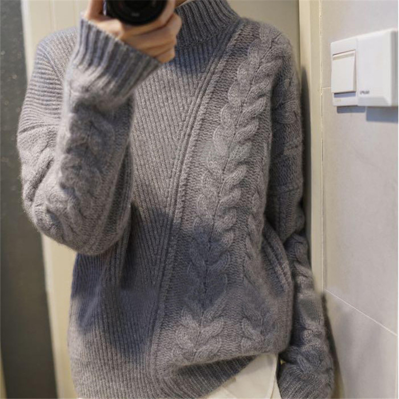 Autumn winter women’s new half-high collar cashmere sweater loose asymmetric twist short sweater female pullover alx