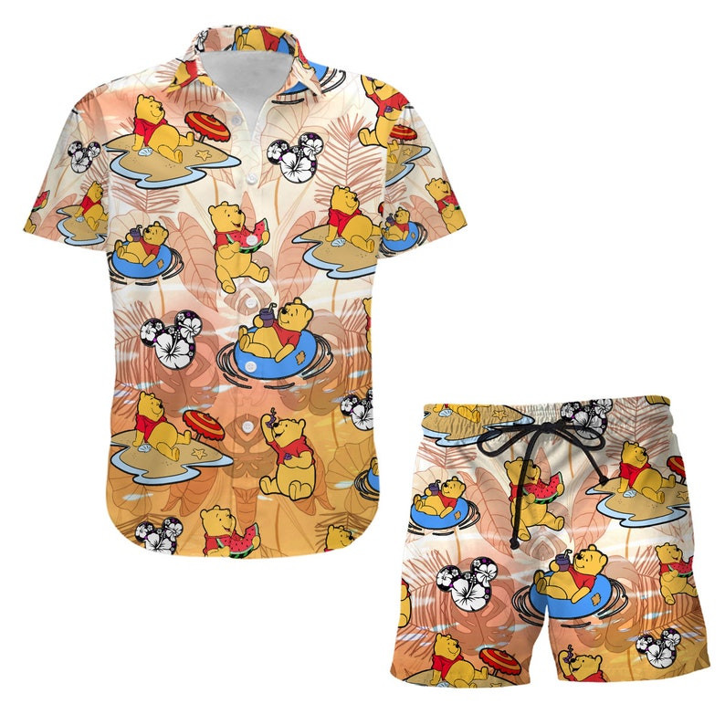 Winnie The Pooh Summertime Disney Cartoon Graphics All Over Print 3D Combo Hawaiian Shirt & Beach Shorts – Orange