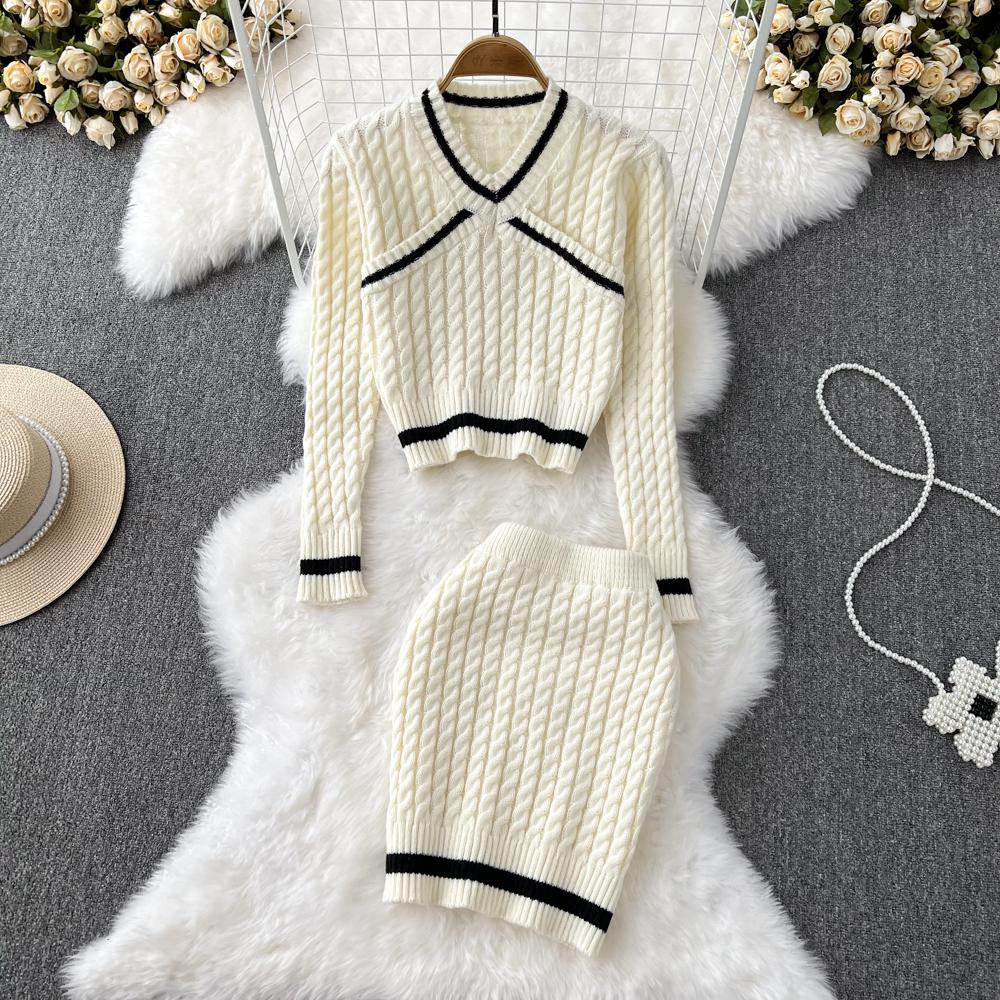 2022 New Spring Autumn Knitted Sweater Long Sleeve Two Piece Sets Womens Outifits Fashion Elegant Offices Female Skirts Sets alx