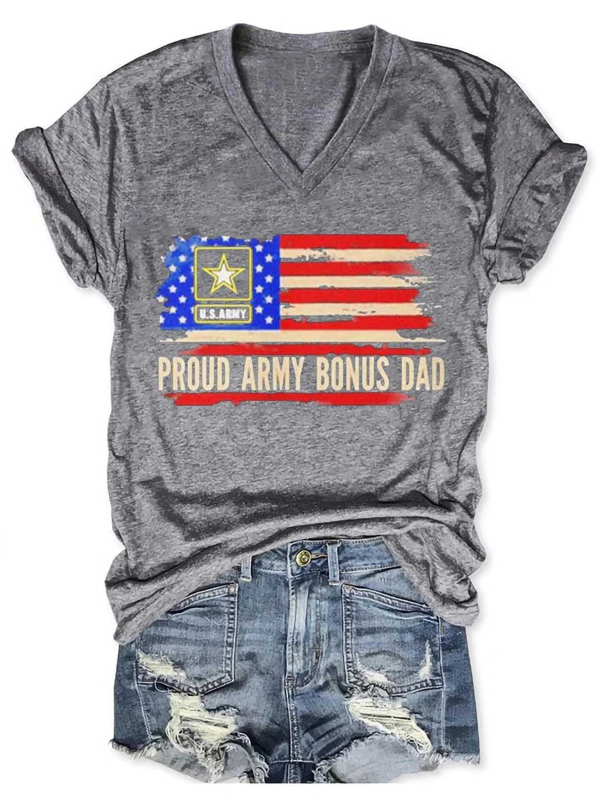 Women’S Proud Army Bonus Dad American Flag Veteran V-Neck T-Shirt