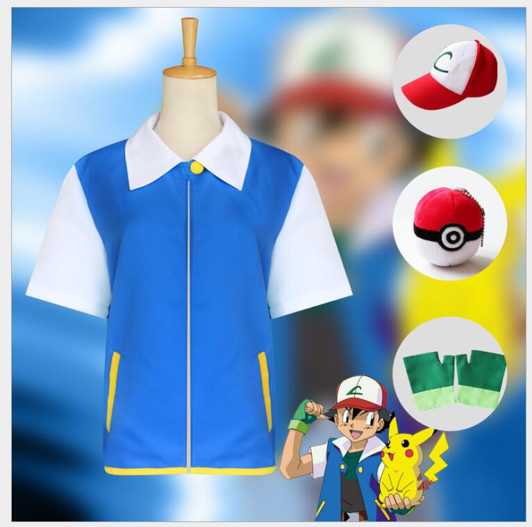 Anime Cosplay Ash Ketchum Cosplay Costume Blue Jacket Hat Gloves Poke Ball Full Set Halloween Costumes alx