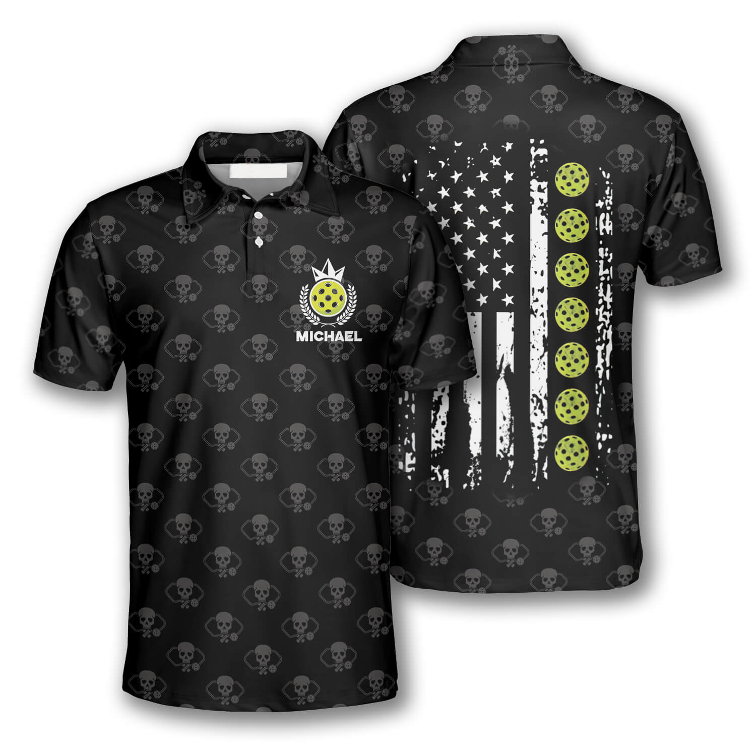 Custom Name Skull Pattern American Flag Custom Pickleball Polo Shirts For Men