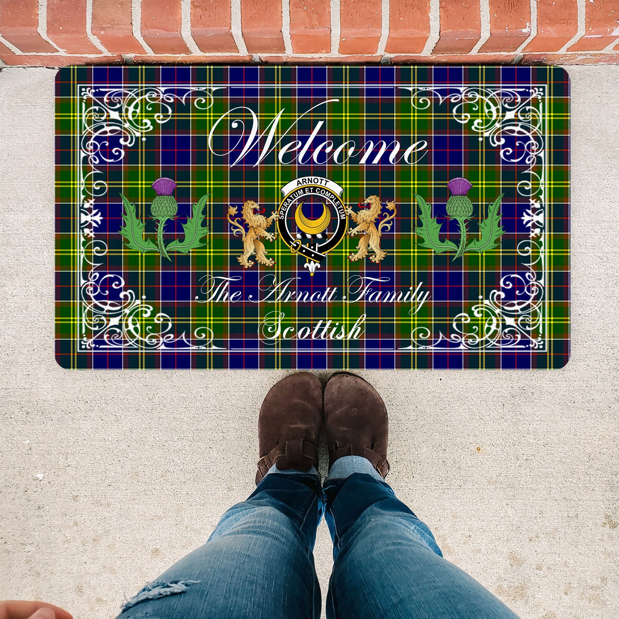 Scotstee Shop Tartan Door Mats Clan Arnott Badge Tartan Thistle And Two Lion Scottish Plaid Doormat, Christmas Door Mat Gift