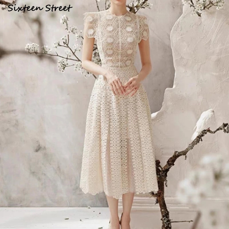 2022 New Autumn Woman Dress Beige Lace O-neck Casual High Waist Mesh Maxi Dresses Female Vestido Runway Design alx