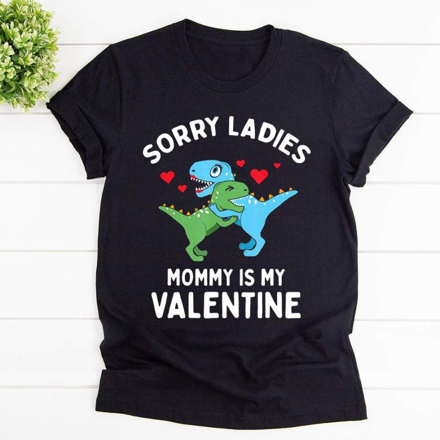 Valentine dinosaur family sorry ladies mommy is my valentine happy time hug lovers black cotton t shirt for men and women S-6XL