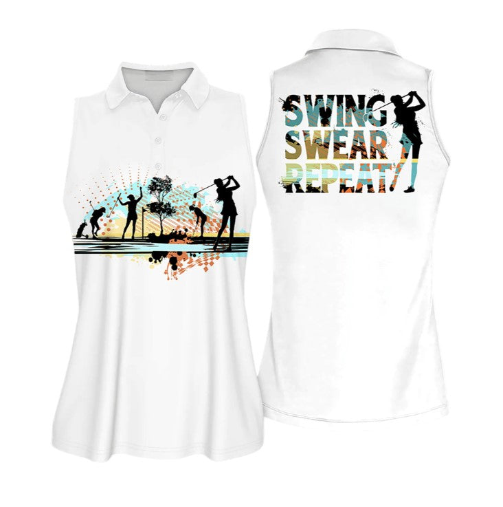 Golf Club Swing Swear Repeat Black Sleeveless Polo Shirt, Women Short Sleeve Polo Shirt