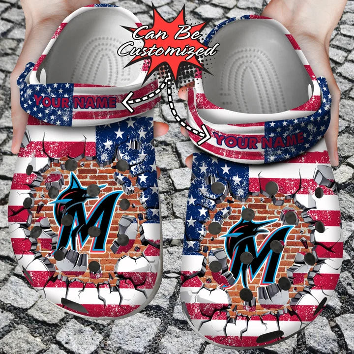 Baseball Crocss – Personalized M.Marlins American Flag Breaking Wall Clog Shoes