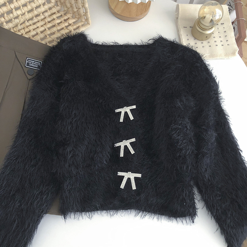 Sweaters Women Jumpers Autumn Sweet Wild V Long Sleeve Pink Cardigan Short Mohair Coat Pull Gentle Waterproof Mink Rhinestone alx