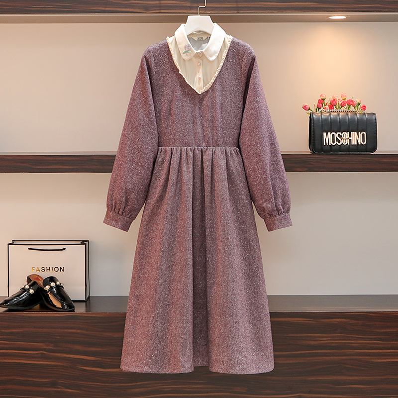 Woolen dress women’s plus size autumn and winter new Korean version fashion high waist fake two-piece casual bottoming dress alx