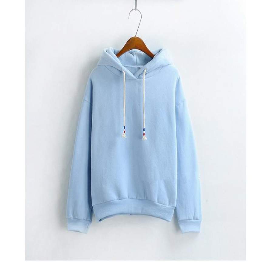 Womens Hooded Sweatshirt New Candy Color Light Blue Long Sleeved Thick Casual All-match Solid Leisure Hoodie Loose Top