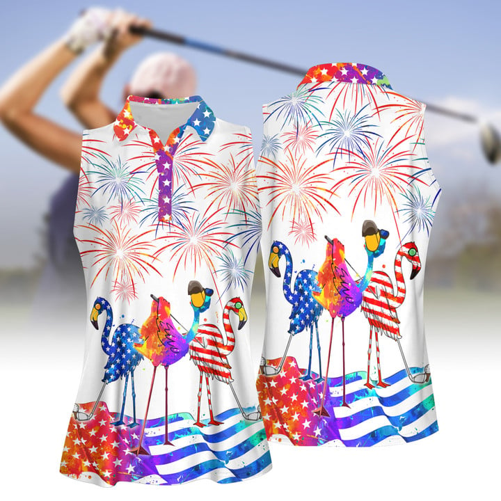 Water Color 4Th Of July Patriotic Funny Flamingo Golf Women Short Sleeve Polo Shirt Sleeveless Polo Shirt, Independence Shirt