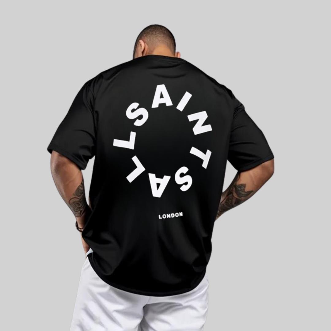 ALLSAINTS Circle Logo Shirt, London Streetwear Graphic Tee, Black Cotton Unisex Top, Minimalist Urban Fit, Summer Fashion for Men and Women