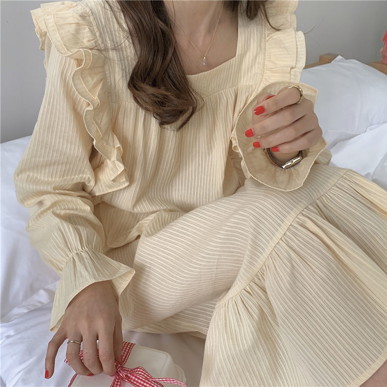 Women Nightgowns Sweet Kawaii Bows Lantern Sleeve Princess Style Females Nightdress O-neck Popular Homewear Ulzzang Chic Simple alx