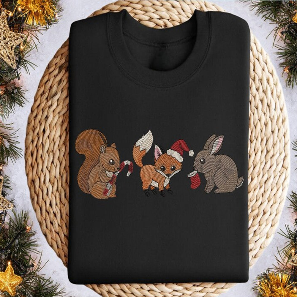 Fox Rabbit And Squirrel Christmas Embroidered Sweatshirt