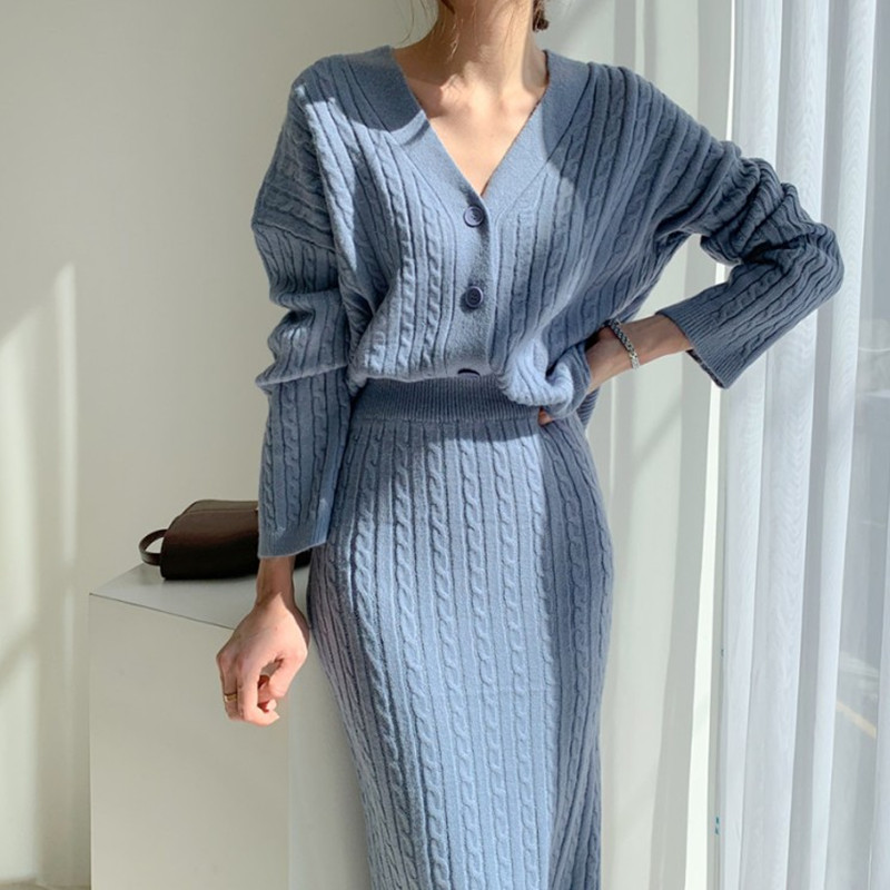 ZAWFL Two-piece women knitted dress set Elegant autumn winter sweater dress suits Long sleeve button pure skirt suit alx